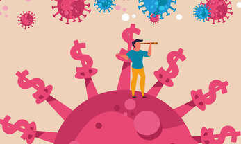 Ein Mann, der durch ein Teleskop auf einen rosa Covid-Virus mit US-Dollar-Zeichen auf seinen Stacheln schaut