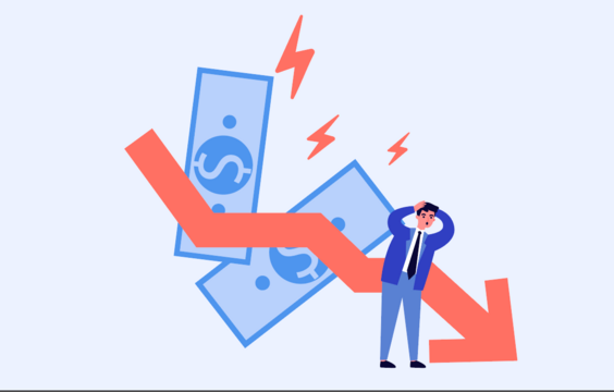 Das Rezessionsrisiko steigt, sagen Ökonomen: Das bedeutet Folgendes für Investoren Mögliche Rezession, angesichts des Krieges in der Ukraine und der steigenden Inflation, dargestellt mit einem Bild von Cartoon-Menschen, die vor einem roten Pfeil und US-Dollar-Scheinen stehen