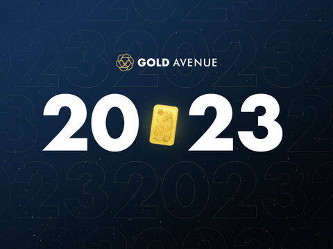 The GOLD AVENUE logo, and year 2023 with the Lady Fortuna gold bar on the dark blue background