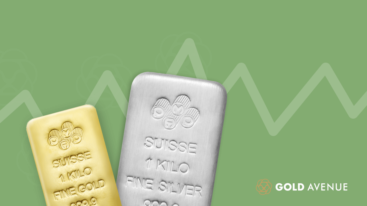Fluctuations du prix de l'or et de l'argent: pourquoi sont-elles si différentes? un lingot d’or de 1kg à côté d’un lingot d’argent de 1kg sur un fond vert