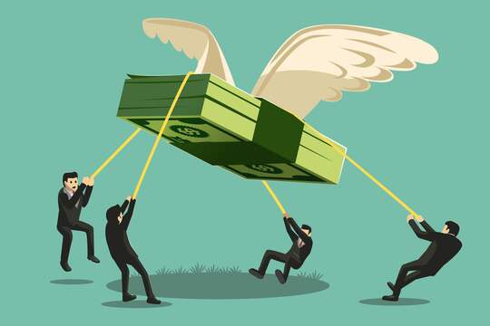 News-Woche: Goldpreis bleibt stabil, Inflation schlechter als erwartet Ein Stapel Dollarscheine mit Flügeln und Geschäftsleuten in Anzügen, die versuchen, ihn mit Seilen zurückzuhalten