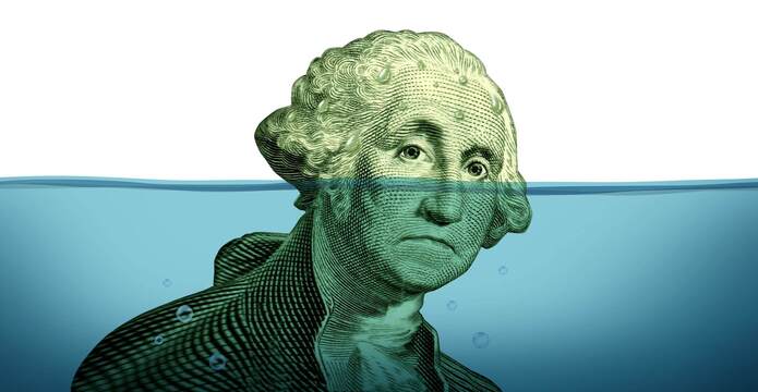 What Comes after a 130% Debt Ratio? a picture of drowning George Washington symbolizing debt problems and keeping your financial head above water