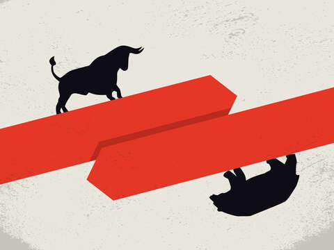La settimana in breve: L’oro a 3.000 dollari, Correzione di Mercato in vista il toro sulla freccia rossa che punta verso l’alto rappresenta il mercato in rialzo, mentre l’orso a testa in giù sull’altra freccia rossa rappresenta una tendenza al ribasso