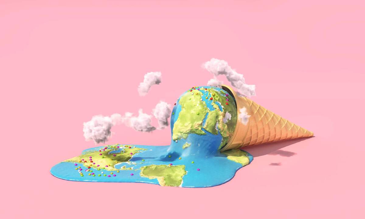 L’actu en bref: La Mongolie achète de l’or, code rouge climatique le réchauffement climatique fait fondre la planète Terre représentée comme une boule de glace dans un cône tombé au sol avec un fond rose