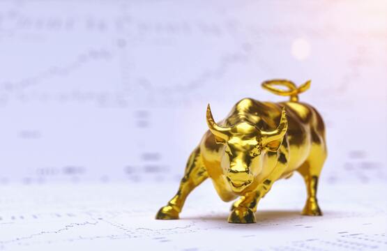 Sollen wir einen Anstieg des Goldpreises erwarten? Ein Goldbulle mit Aktiencharts im Hintergrund, die einen wachsenden Aufwärtstrend bei Gold symbolisieren
