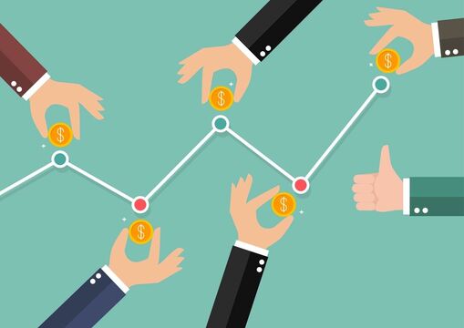 When Is the Right Time to Buy Gold? Cartoon hands against the green background holding dollar gold coins as part of a scheme showing the working principle of the dca strategy