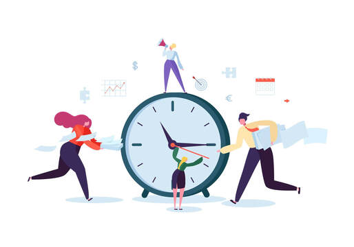Wann soll man mit Investitionen beginnen? Comic-Figuren, die um eine riesige Uhr herumlaufen, mit Euro-, Dollar-, Puzzle- und Chart-Symbolen, die im Hintergrund schweben.