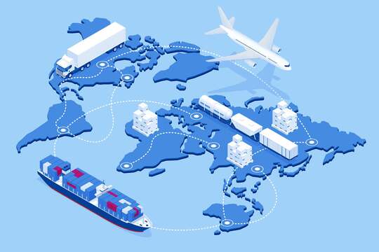 Comment la crise mondiale de la chaîne d'approvisionnement va impacter l'or a truck, a ship, and a plane crossing the globe showing the current problems with the global supply chain