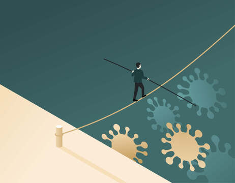 Weekly Digest: Omicron Risks, Inflation 'Not Transitory' spread of new covid variant omicron illustrated by a tightrope walker crossing the sea of omicron viruses