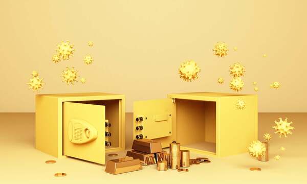 4 ways Omicron Can Affect the Economy physical gold bars and coins with omicron covid-19 viruses floating over gold safe boxes