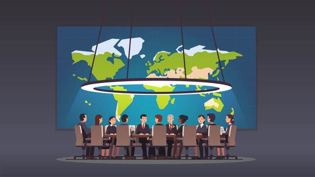 Tensioni geopolitiche: quale impatto sull’oro? Vignetta con i leader del mondo che discutono di politica globale in una sala conferenze con una cartina del mondo gigante