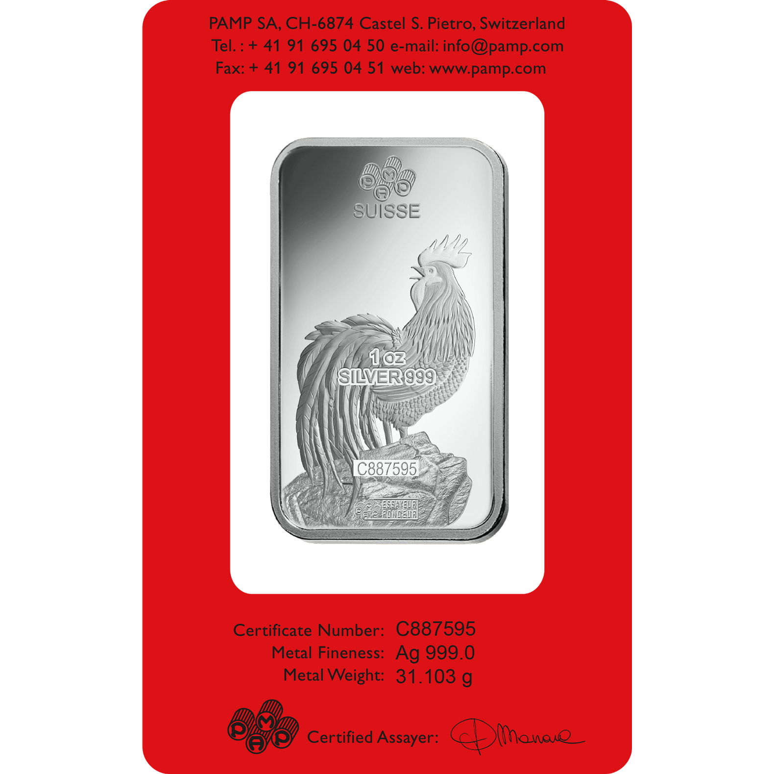 1 oz Silver Bar - PAMP Suisse Lunar Rooster 1 oz Silver Bar - PAMP Suisse Lunar Rooster