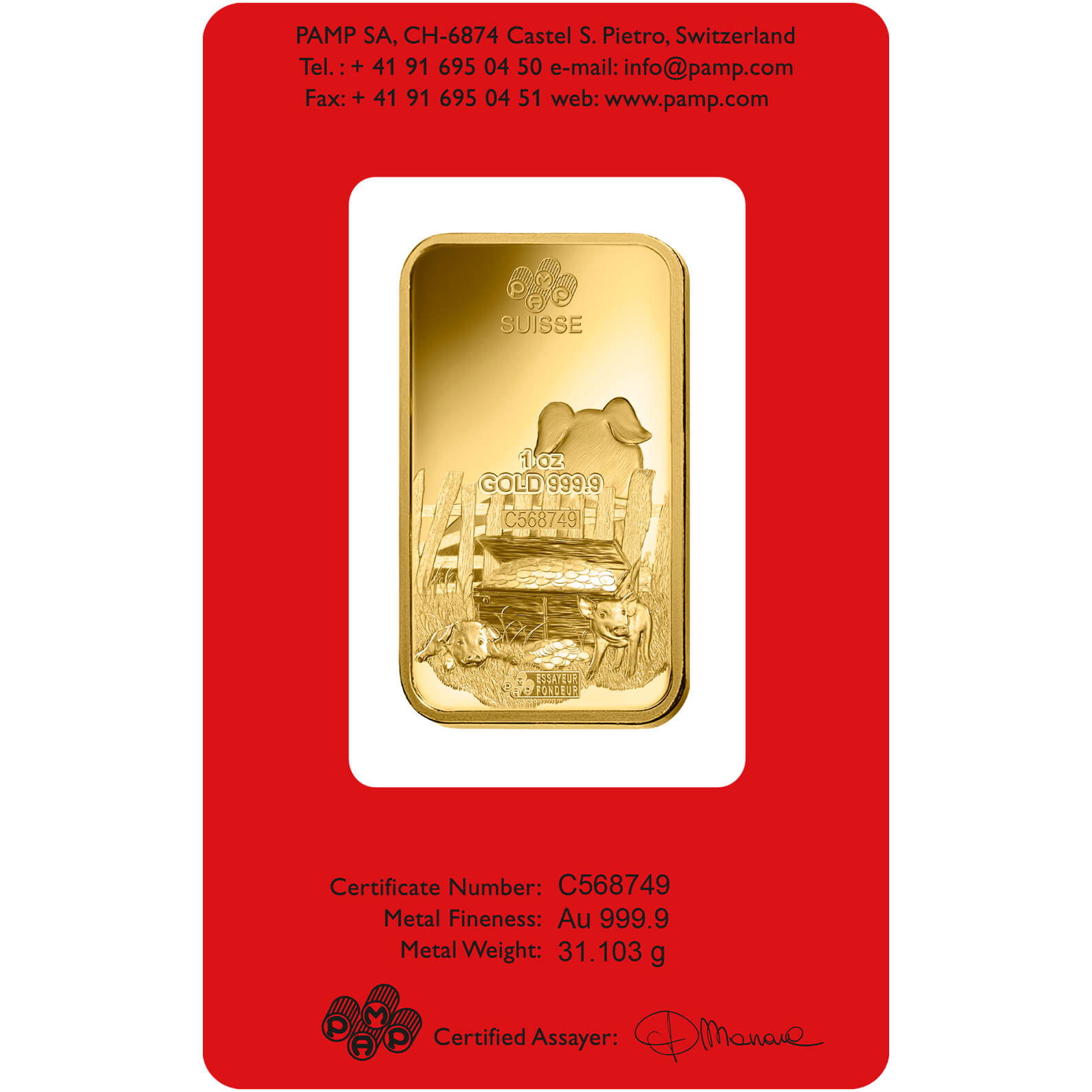 1 oz Gold Bar - PAMP Suisse Lunar Pig 1 oz Gold Bar - PAMP Suisse Lunar Pig