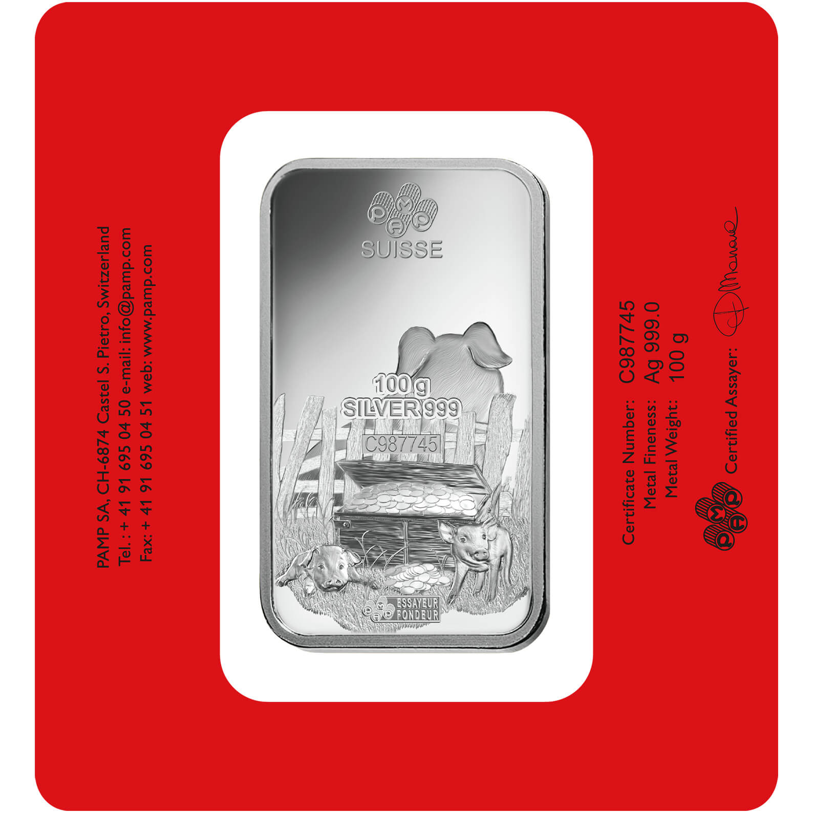100 gram Silver Bar - PAMP Suisse Lunar Pig 100 gram Silver Bar - PAMP Suisse Lunar Pig