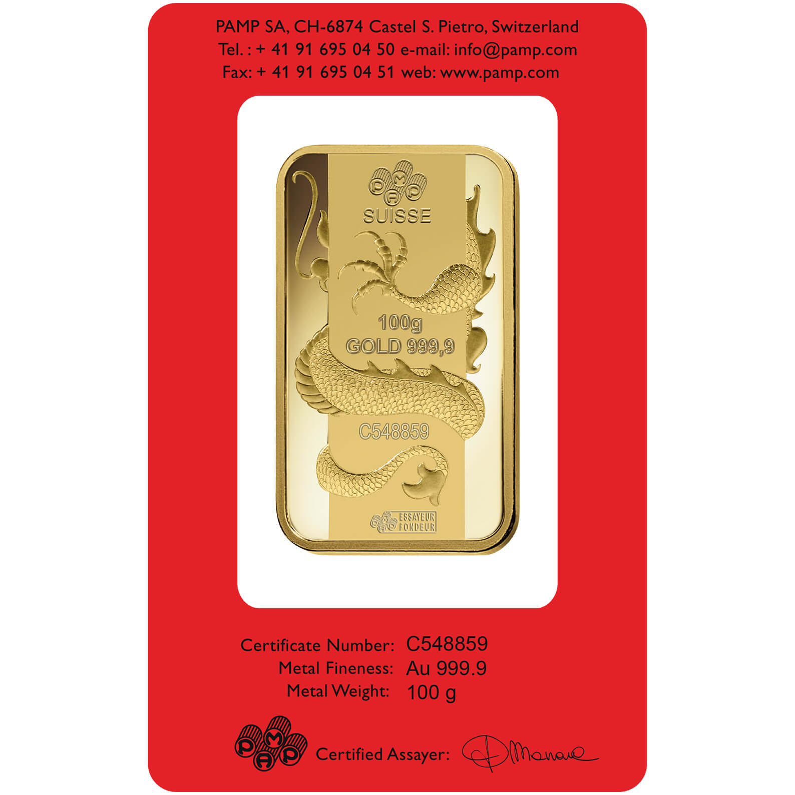 100 gram Gold Bar - PAMP Suisse Lunar Dragon 100 gram Gold Bar - PAMP Suisse Lunar Dragon