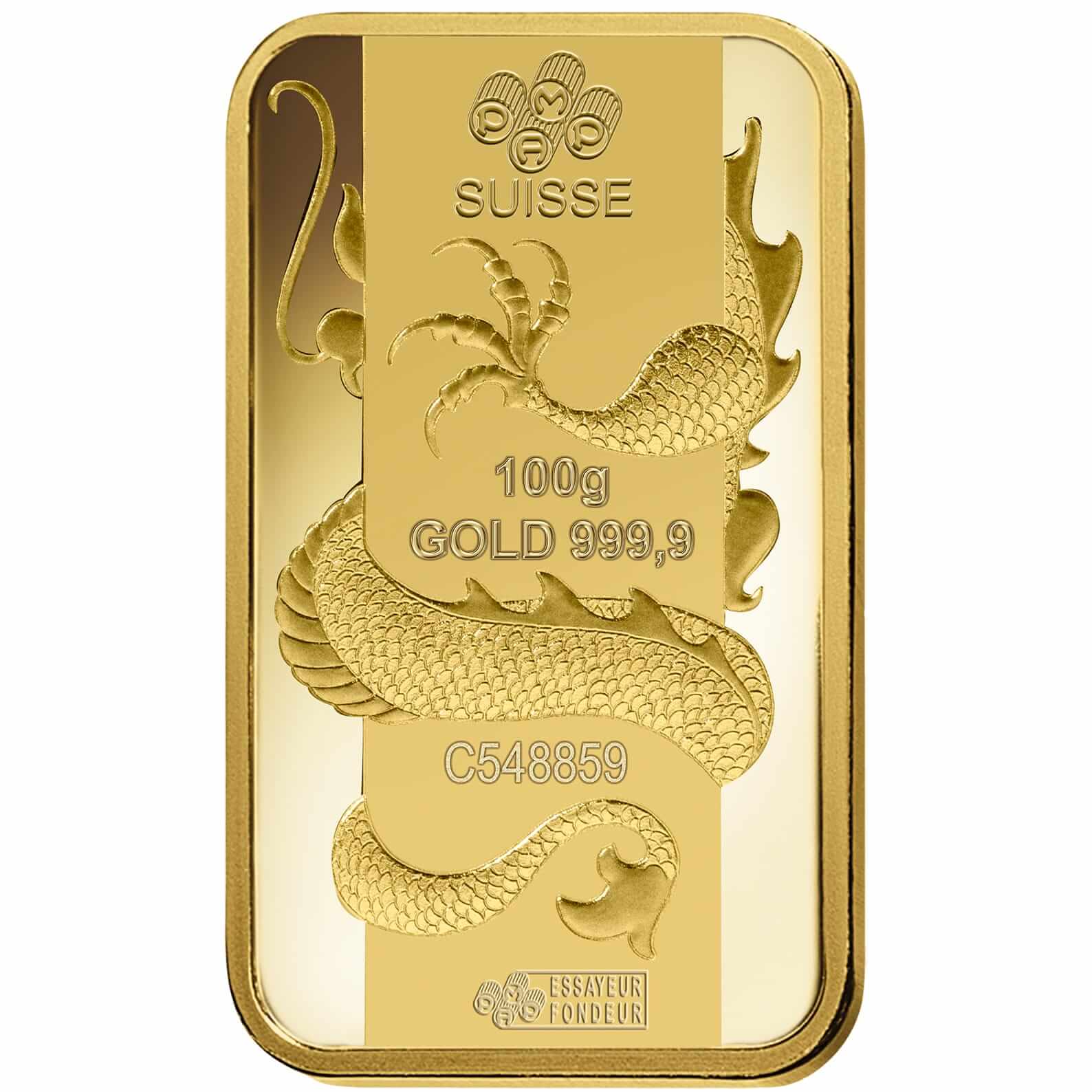 100 gram Gold Bar - PAMP Suisse Lunar Dragon 100 gram Gold Bar - PAMP Suisse Lunar Dragon
