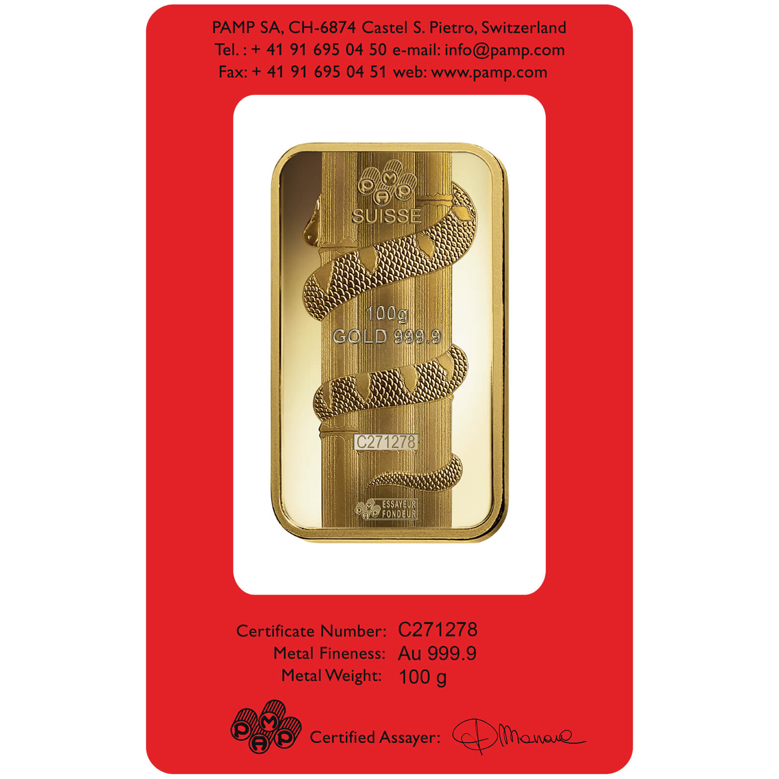 100 gram Gold Bar - PAMP Suisse Lunar Snake 100 gram Gold Bar - PAMP Suisse Lunar Snake