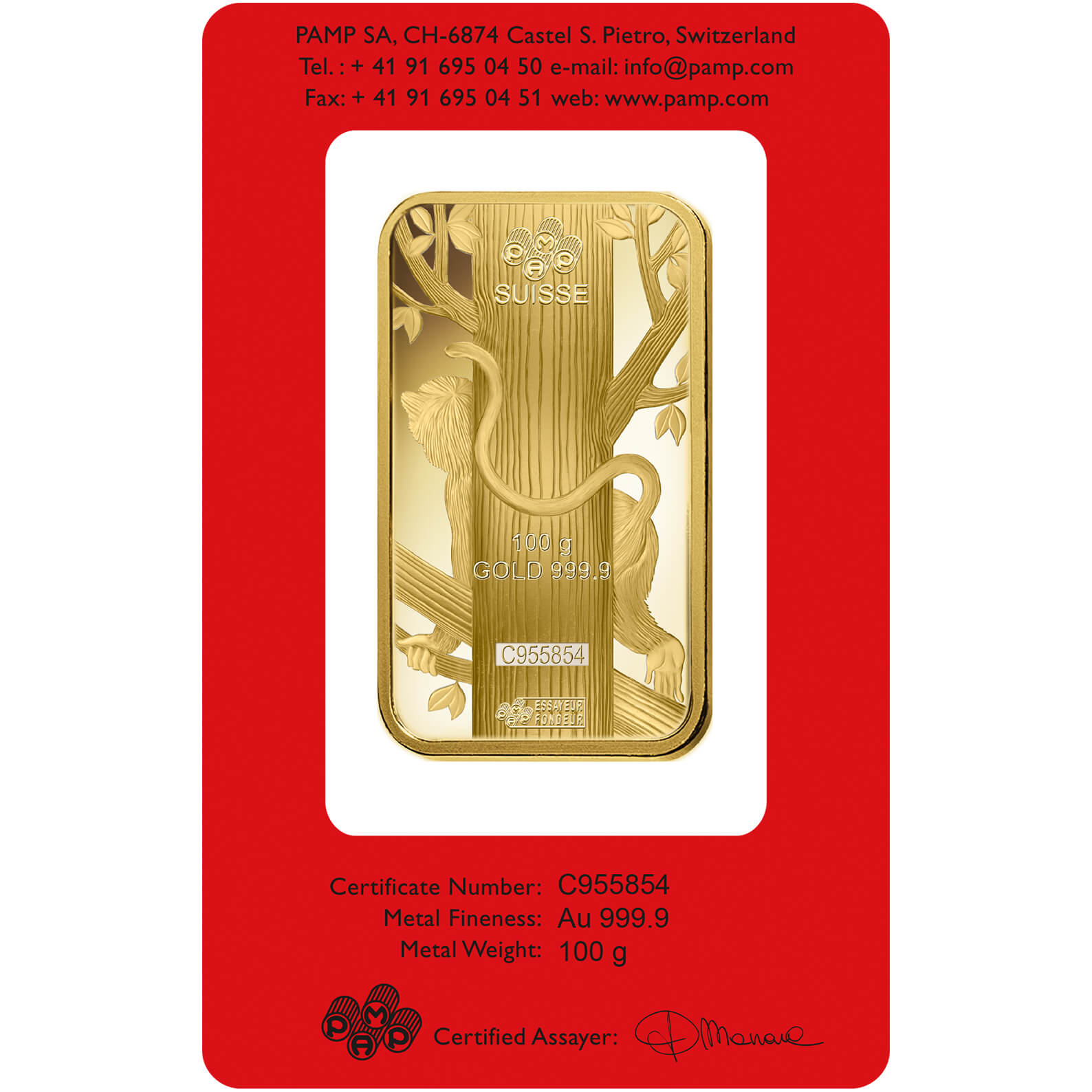 100 gram Gold Bar - PAMP Suisse Lunar Monkey 100 gram Gold Bar - PAMP Suisse Lunar Monkey