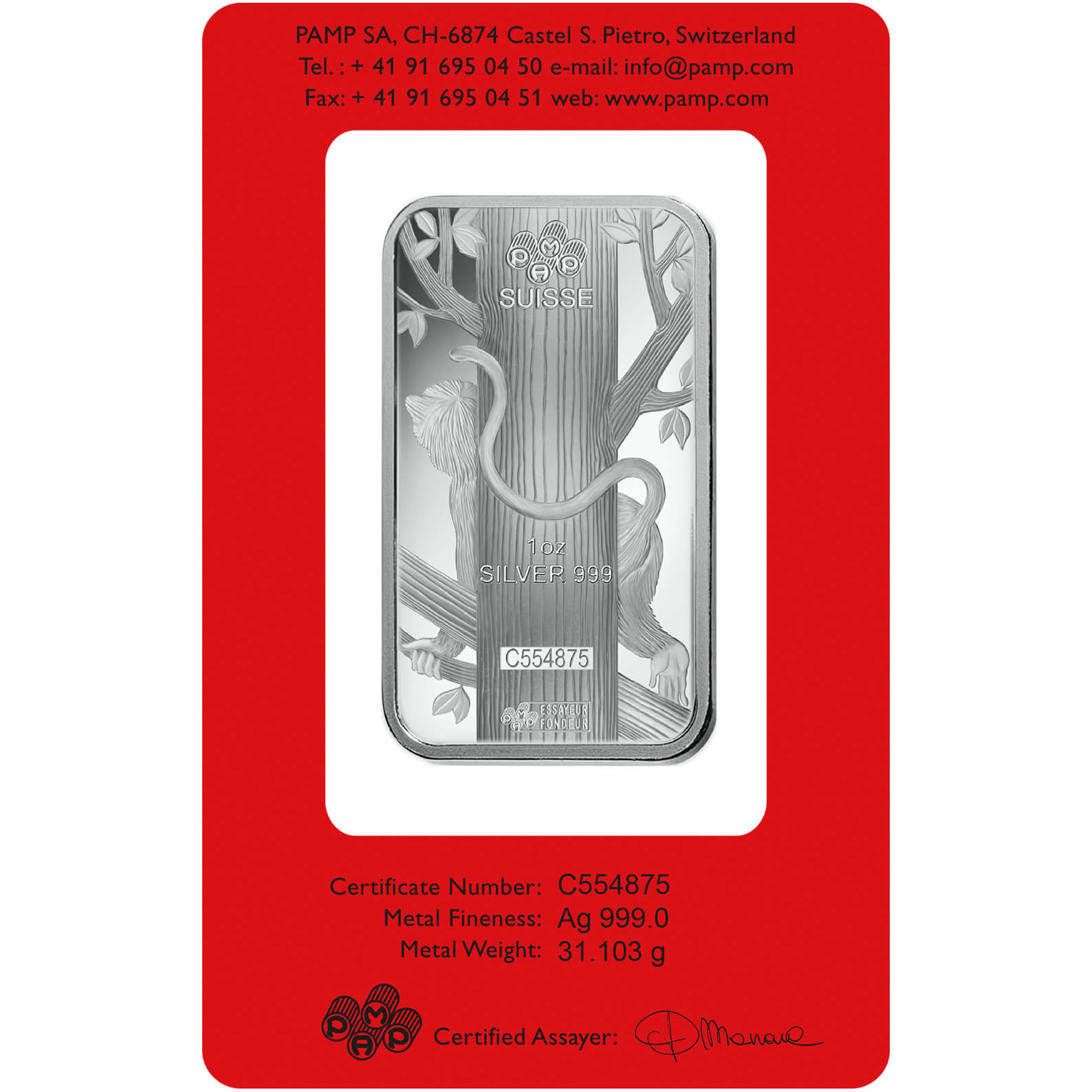 1 oz Silver Bar - PAMP Suisse Lunar Monkey 1 oz Silver Bar - PAMP Suisse Lunar Monkey