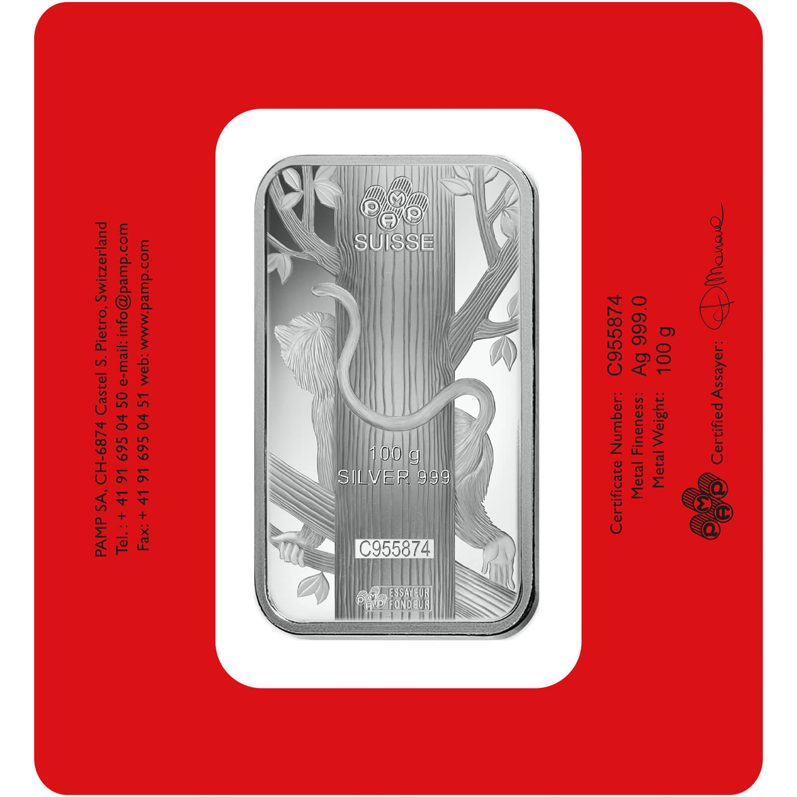 100 gram Silver Bar - PAMP Suisse Lunar Monkey 100 gram Silver Bar - PAMP Suisse Lunar Monkey
