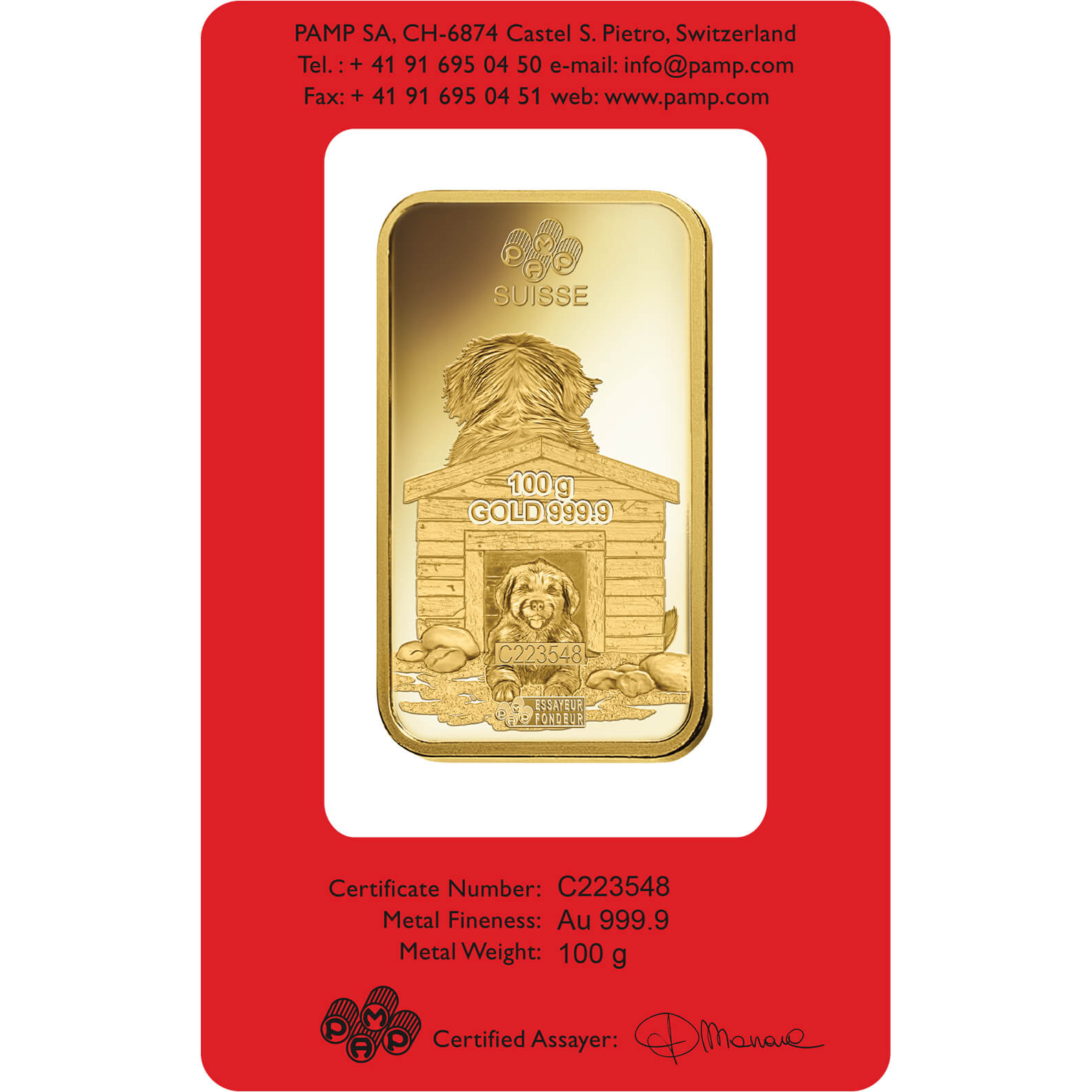 100 gram Gold Bar - PAMP Suisse Lunar Dog 100 gram Gold Bar - PAMP Suisse Lunar Dog