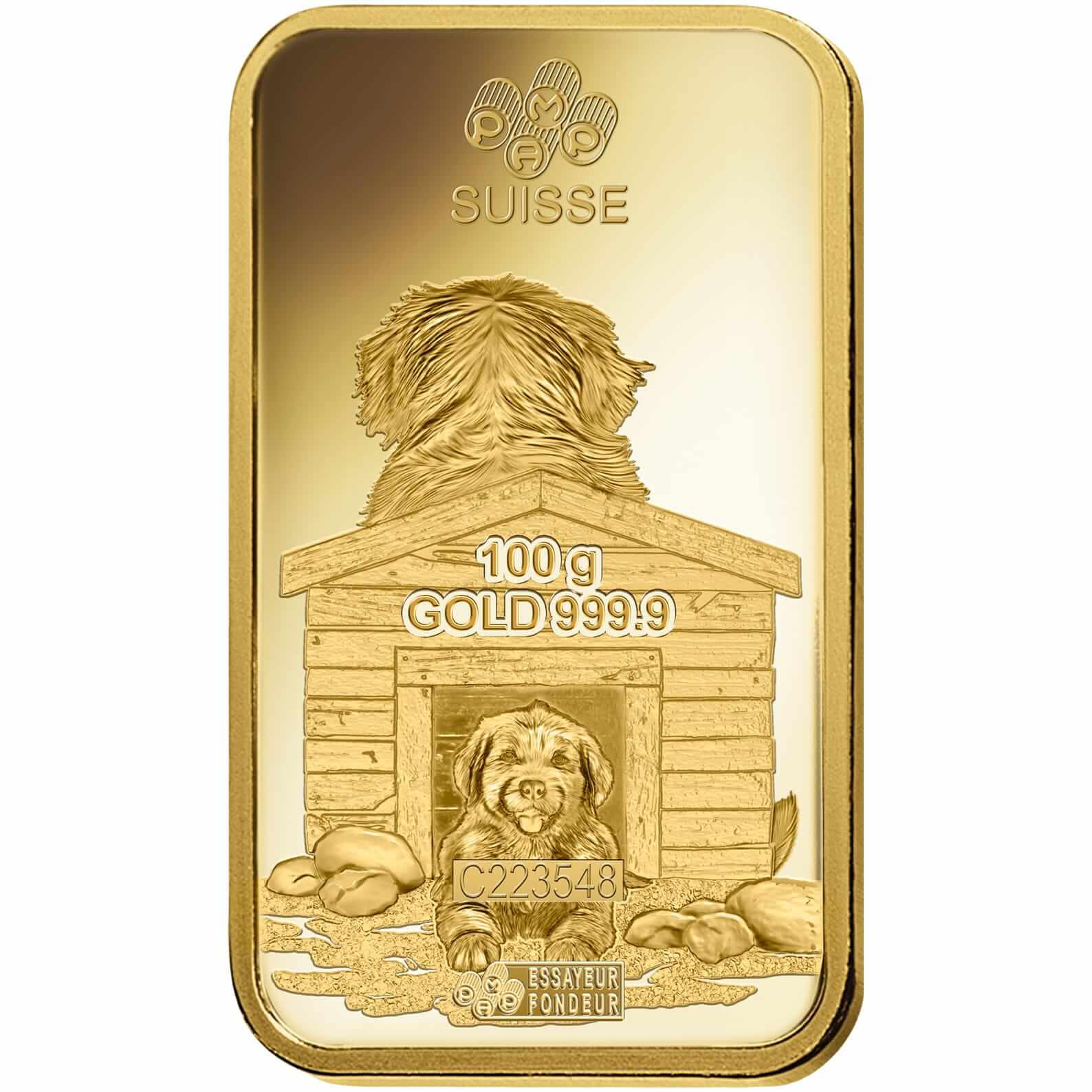 100 gram Gold Bar - PAMP Suisse Lunar Dog 100 gram Gold Bar - PAMP Suisse Lunar Dog