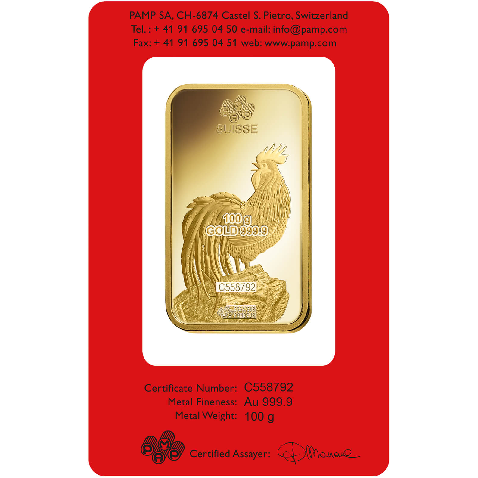 100 gram Gold Bar - PAMP Suisse Lunar Rooster 100 gram Gold Bar - PAMP Suisse Lunar Rooster