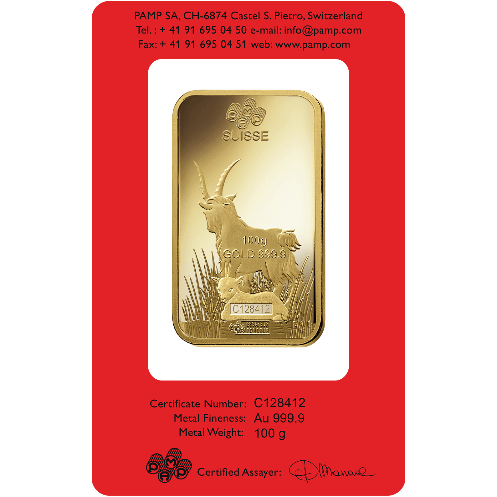 100 gram Gold Bar - PAMP Suisse Lunar Goat 100 gram Gold Bar - PAMP Suisse Lunar Goat