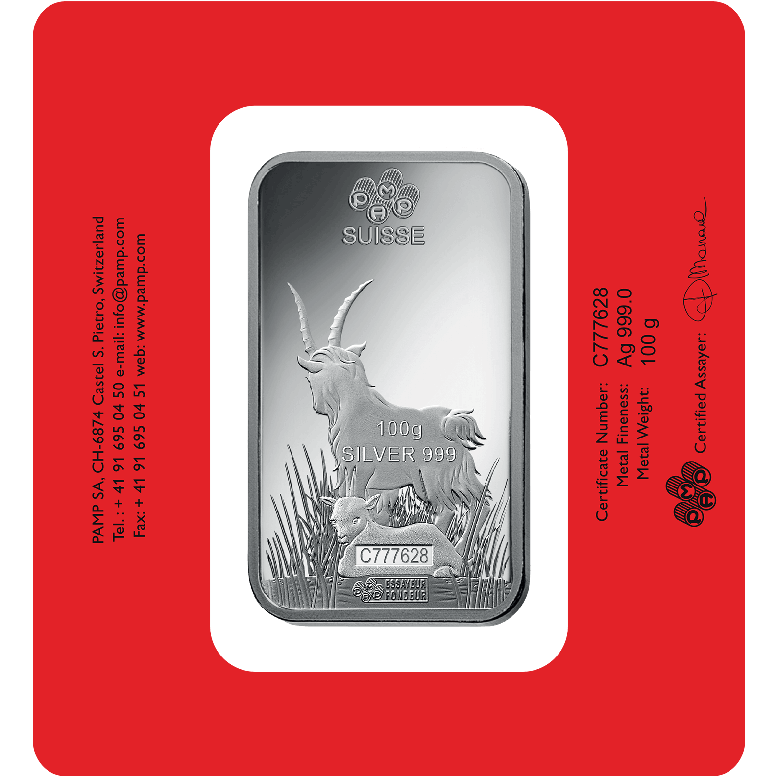 100 gram Silver Bar - PAMP Suisse Lunar Goat 100 gram Silver Bar - PAMP Suisse Lunar Goat