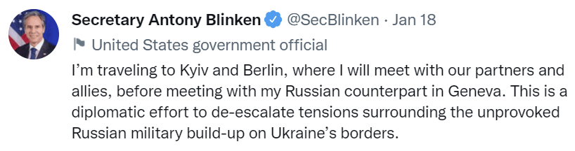 a Tweet by U.S. Secretary of State Antony Blinken after talks with EU partners on rising tensions with Russia over Ukraine