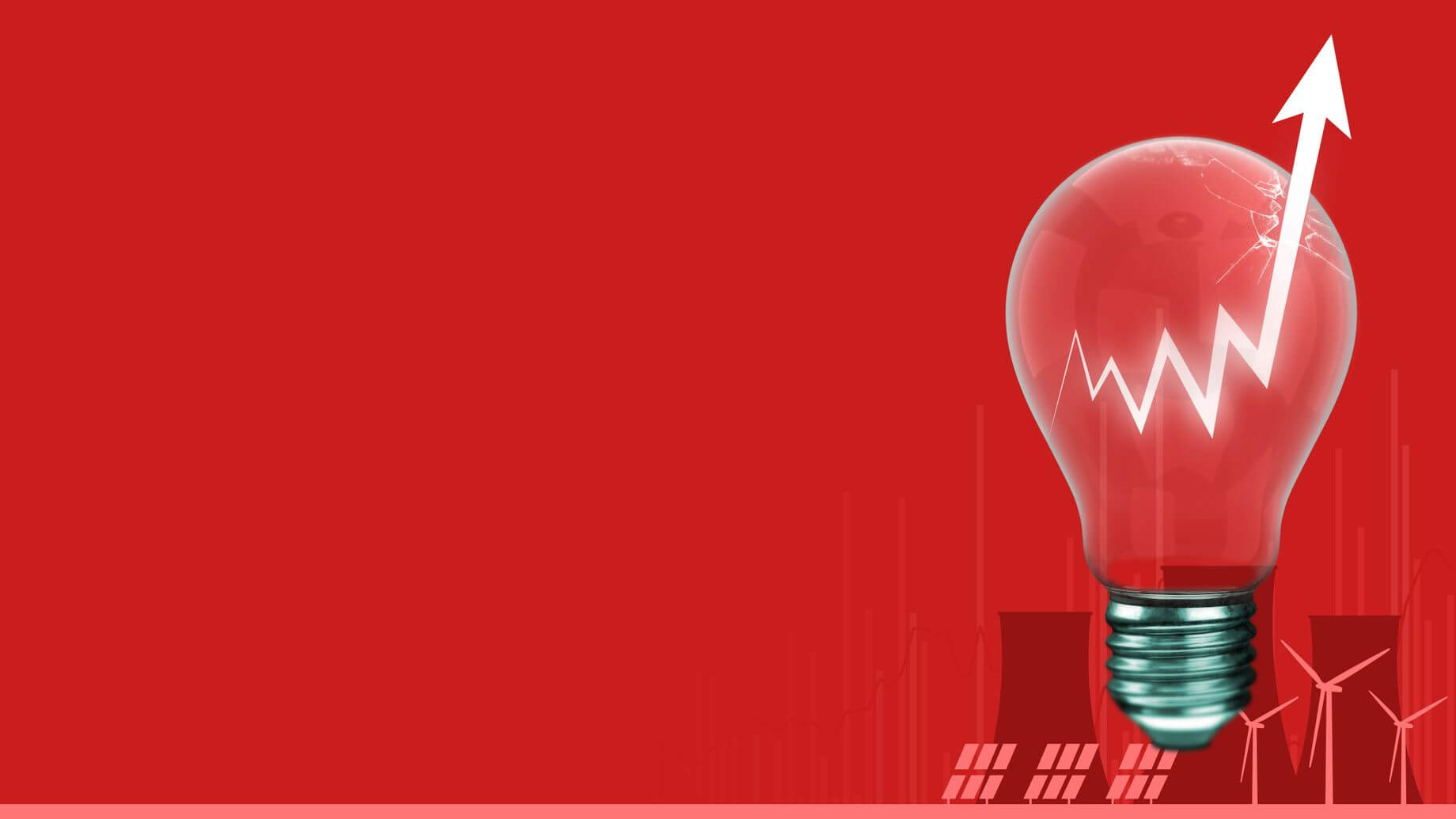 inflation increasing worldwide represented in a picture of a lightbulb with an arrow pointing up with nuclear reactors and wind turbines on the red background