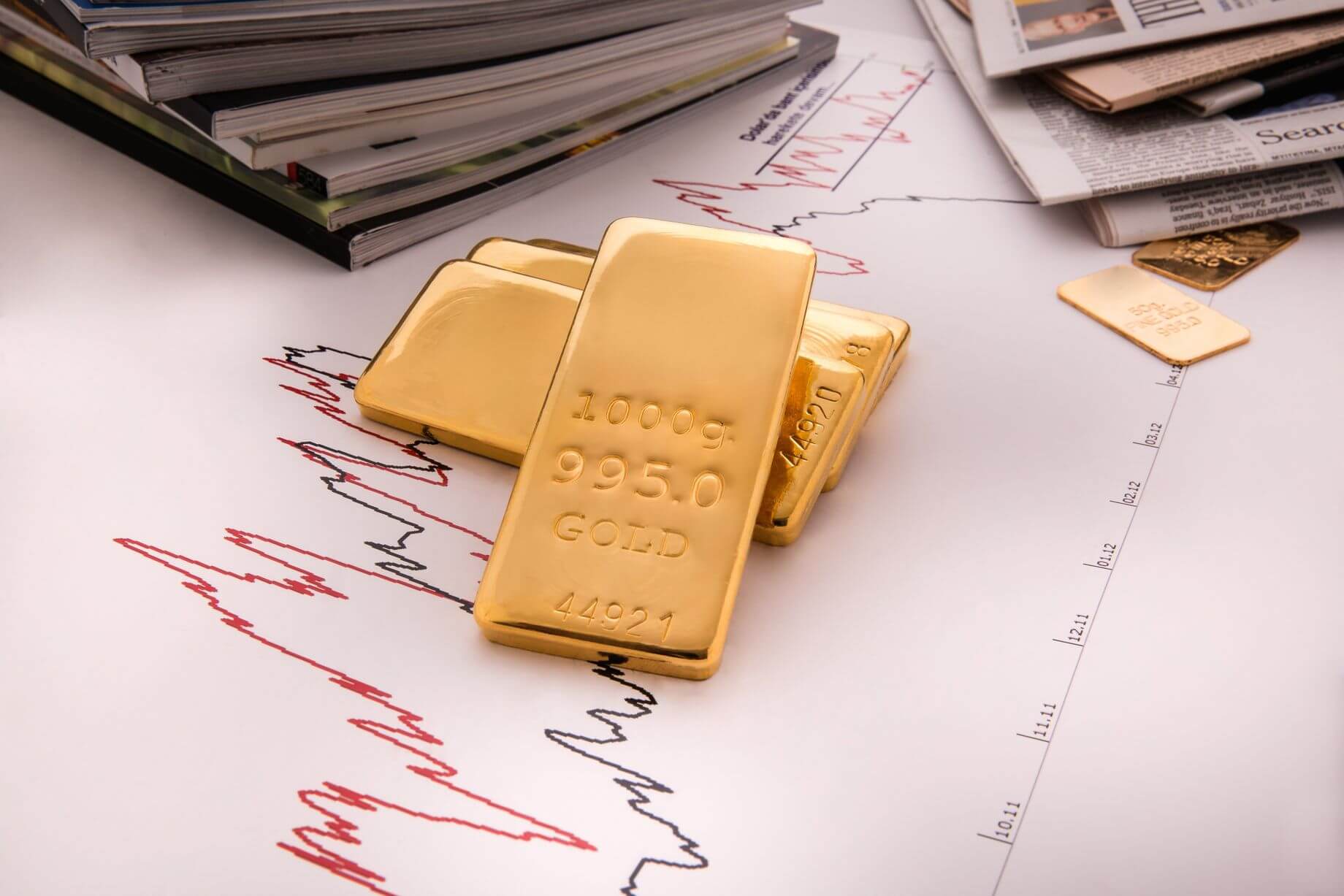 the price of gold rising represented in a picture of two gold ingots lying on a white paper with graphs