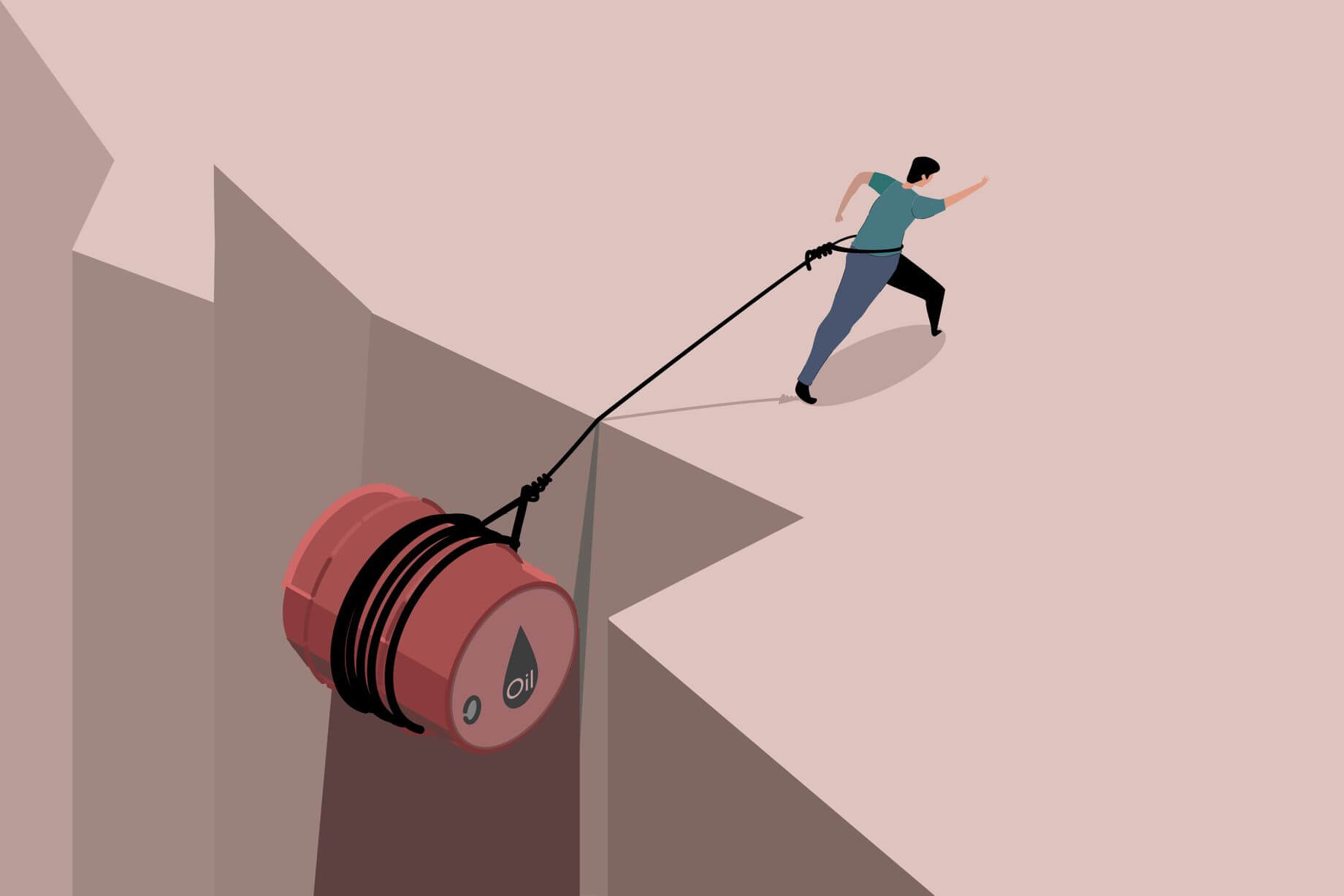 covid effect on the global oil market represented by a picture of a cartoon man tugging on a giant oil barrel