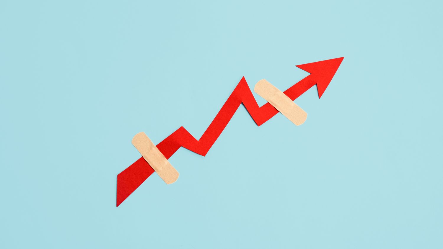 the stock market is unlikely to recover until economic data proves inflation has slowed down as shown in a picture of the red patched arrow on the blue background