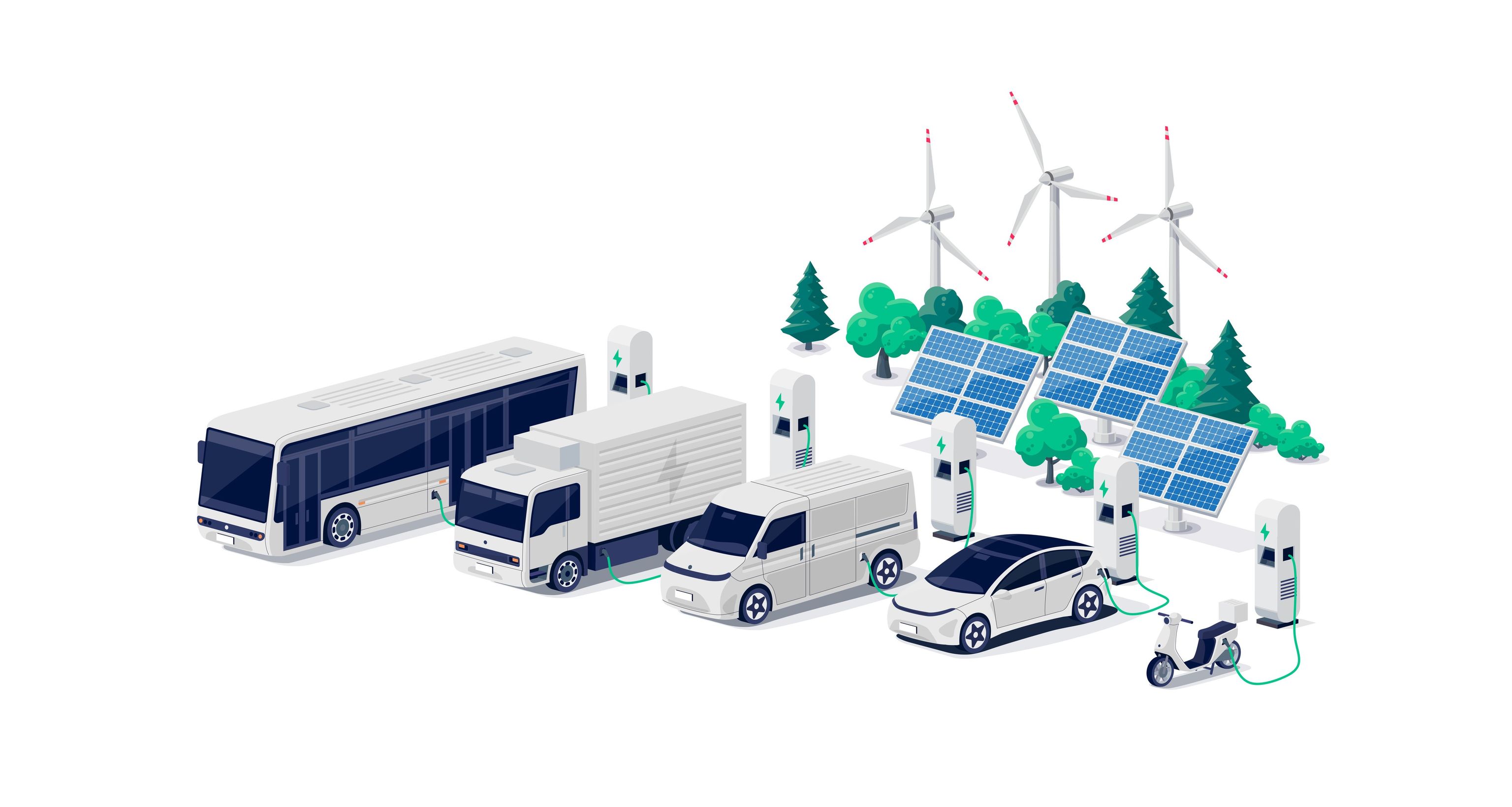 electric scooter, electric car, electric van, electric truck, and electric bus charging at EV charging station powered by solar panels and wind turbines.