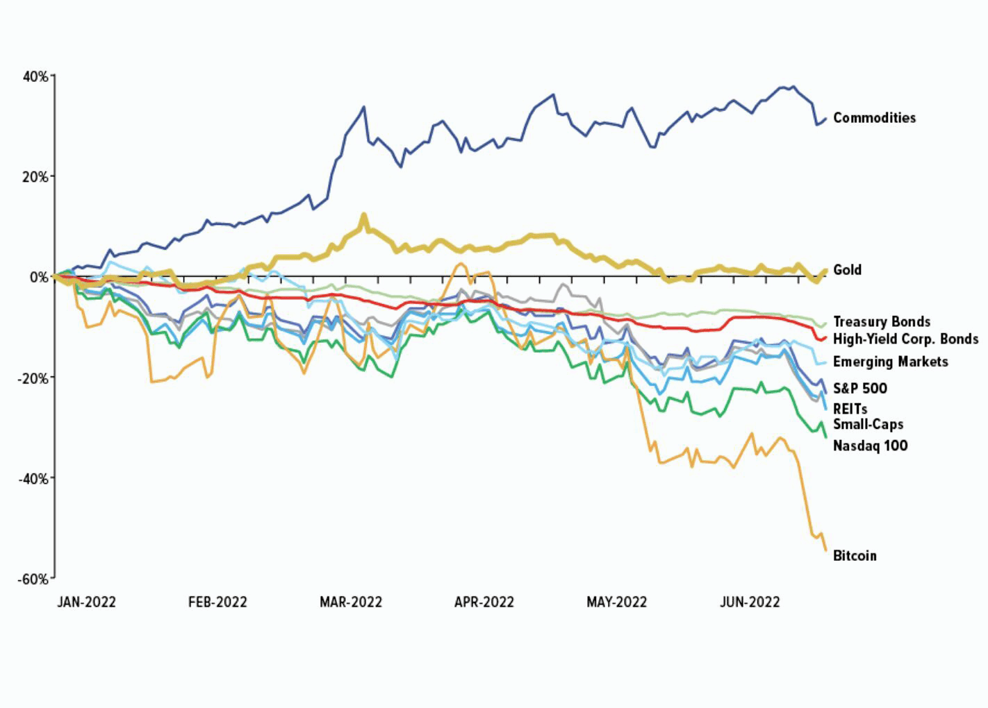 A graph showing how gold is almost the only asset that has retained its value in 2022, while all other major investments significantly dropped in price amid rising inflation and market uncertainty.