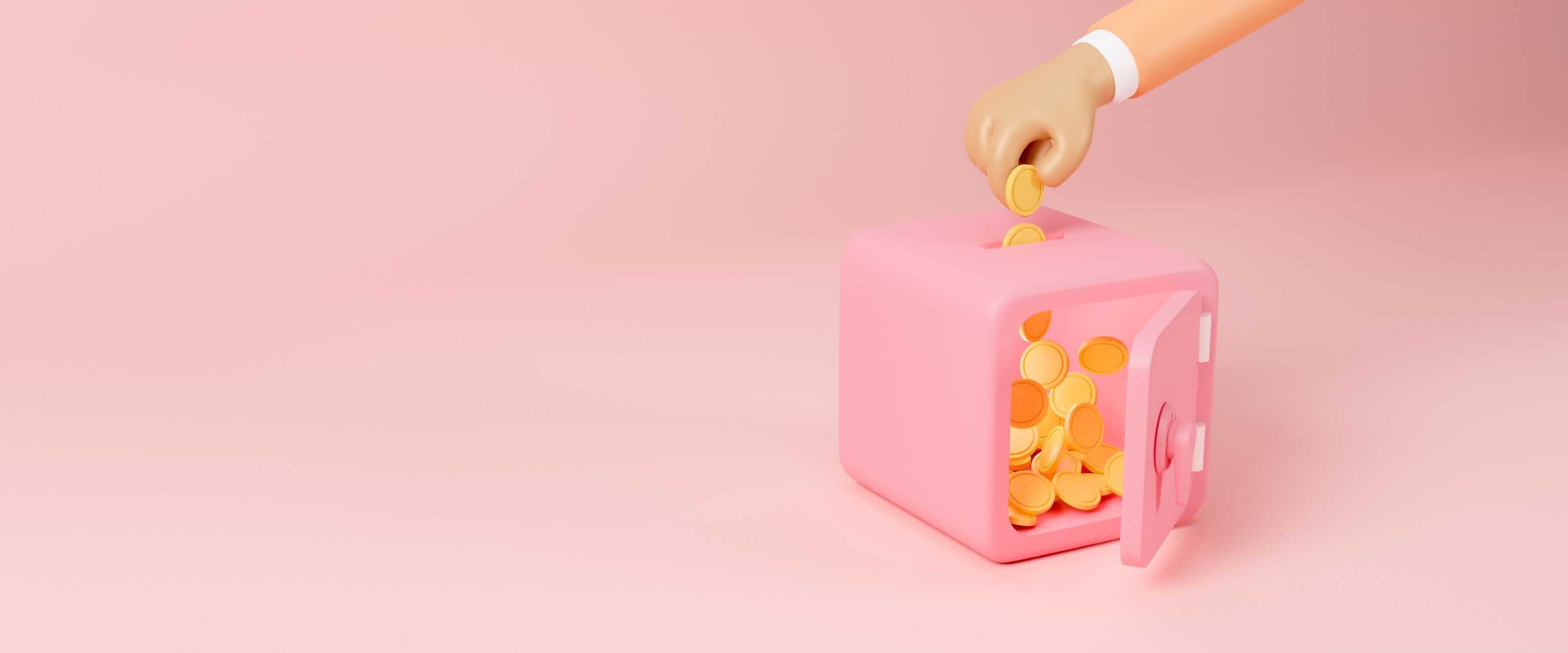 a hand inserts gold coins into a pink safe on a pink background