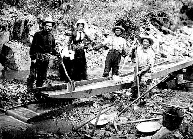 Three men and a woman digging gold during California Gold Rush in the late 1840s.