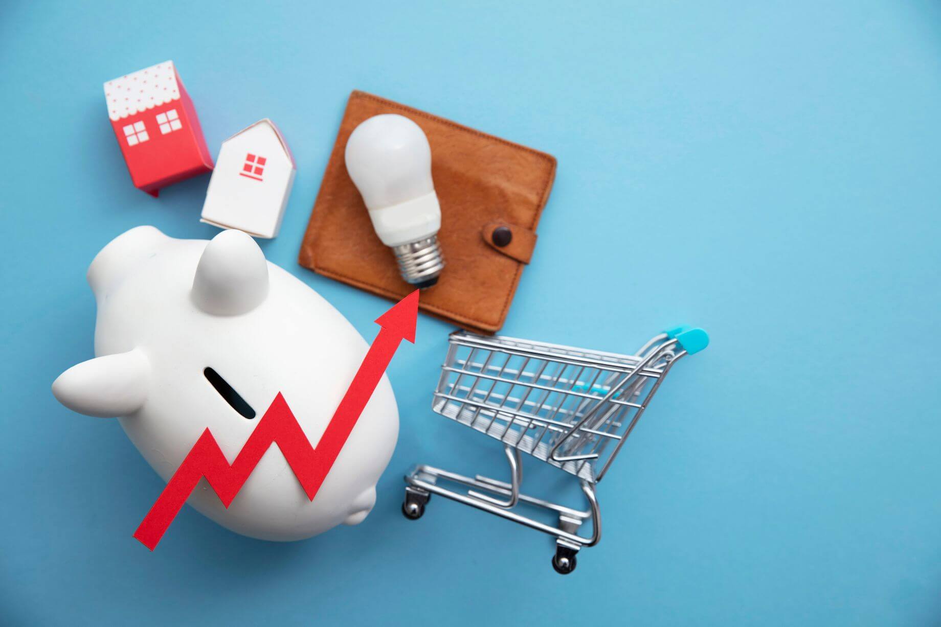 A piggy bank with a red arrow on top, photographed with a wallet, a lightbulb, and a cart