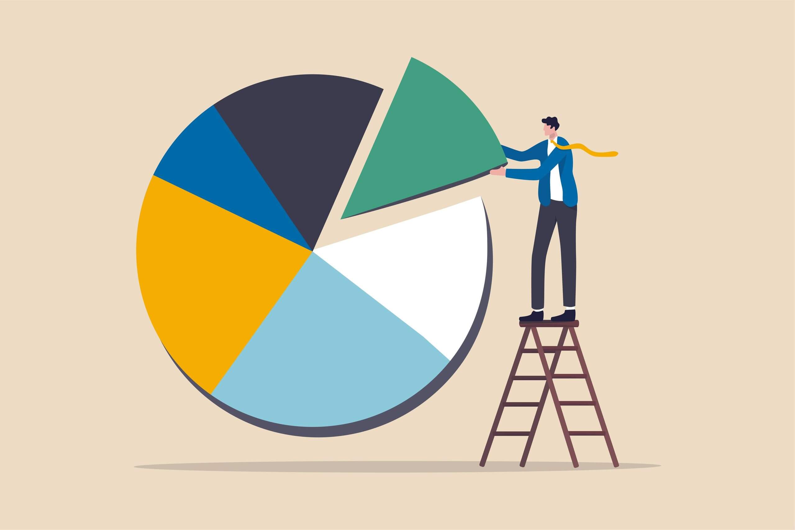 portfolio diversification represented as a pie chart with. person standing on a ladder taking out a green slice