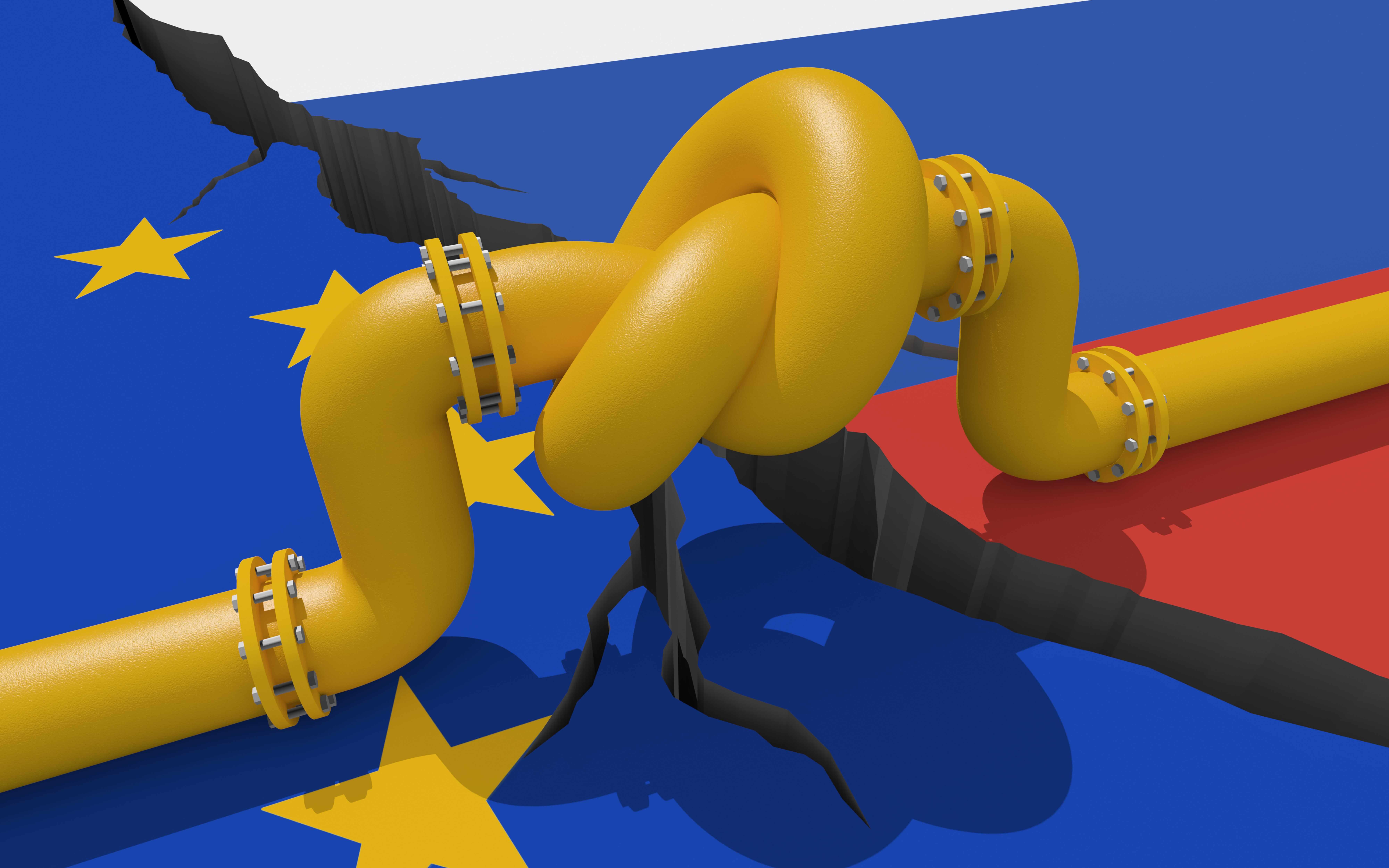 a knotted yellow pipeline for nordstream with a crack dividing the EU flag and the Russian flag