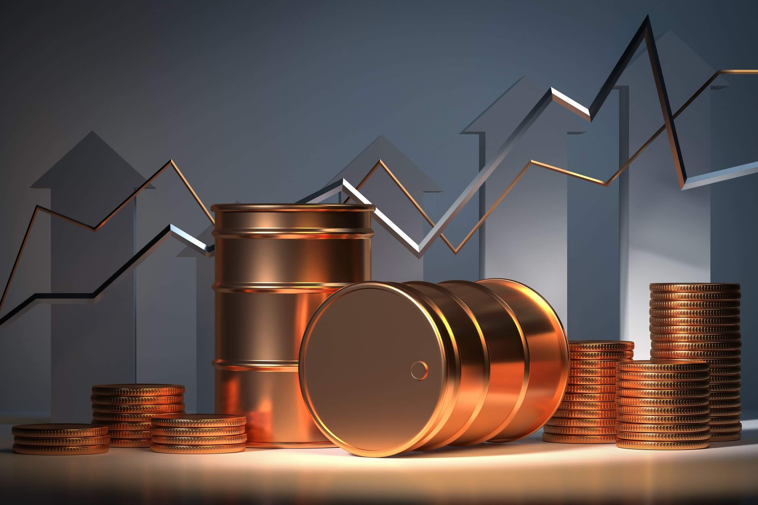 gold oil barrels and gold coins on the grey arrow background symbolizing rising oil prices