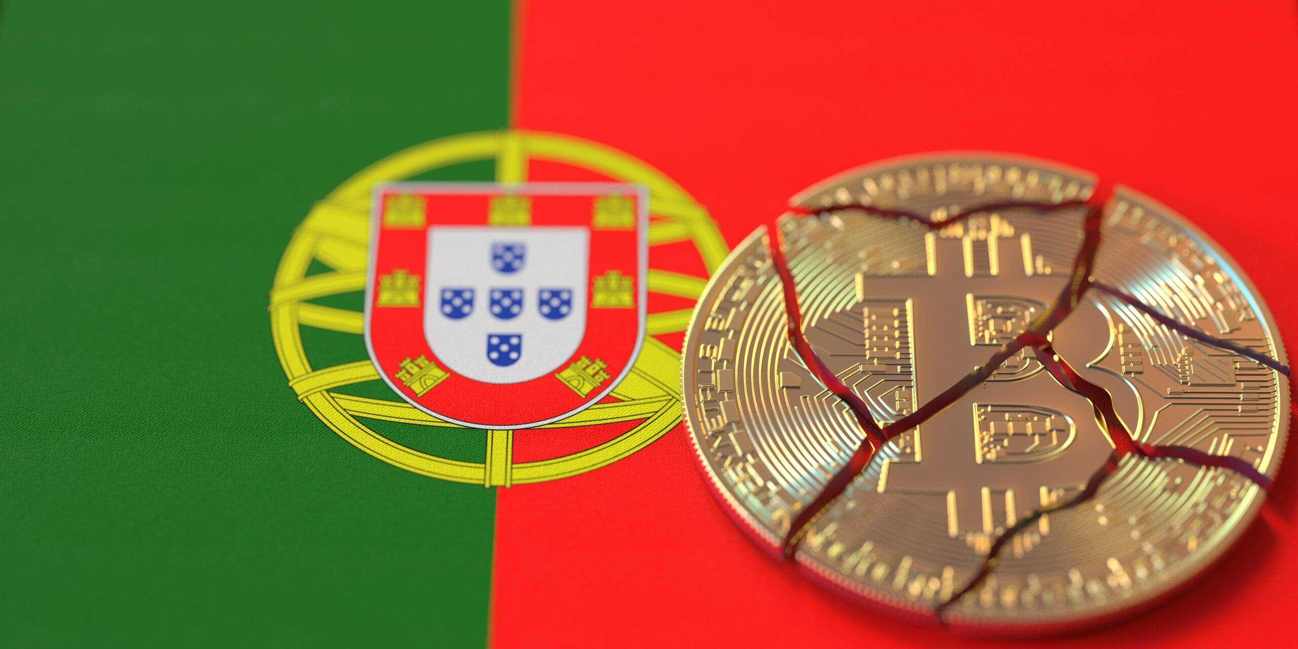 The flag of Portugal with a broken golden Bitcoin coin on top, both representing Lisbon’s plans to tax crypto gains.