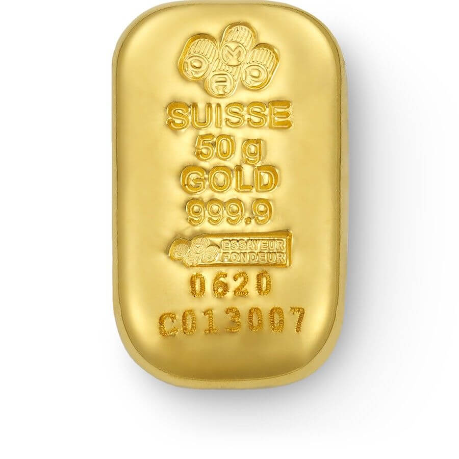 A PICTURE OF 50 gram Fine Gold Bar 999.9 by PAMP Suisse