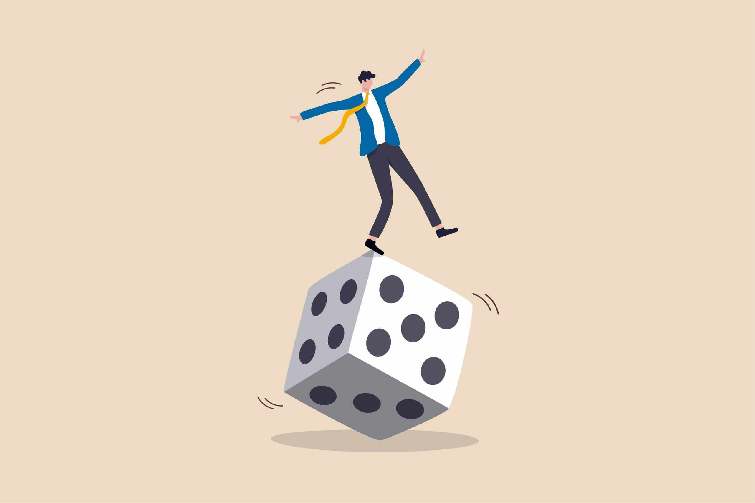 A cartoon man in a blue suit balancing on a dice