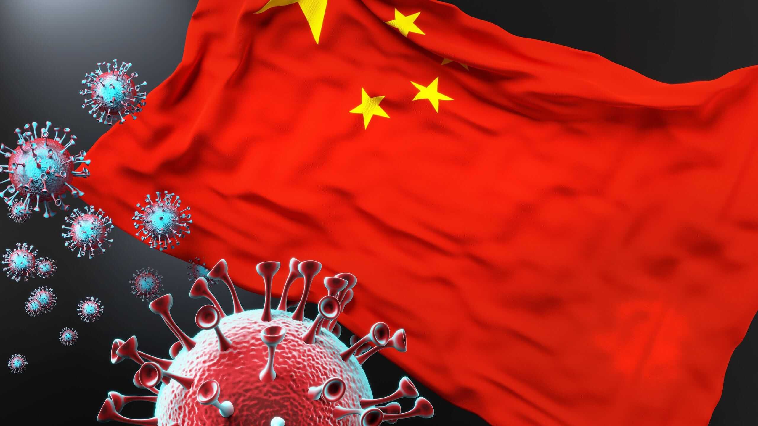 China’s flag and red and blue Covid viruses flying around