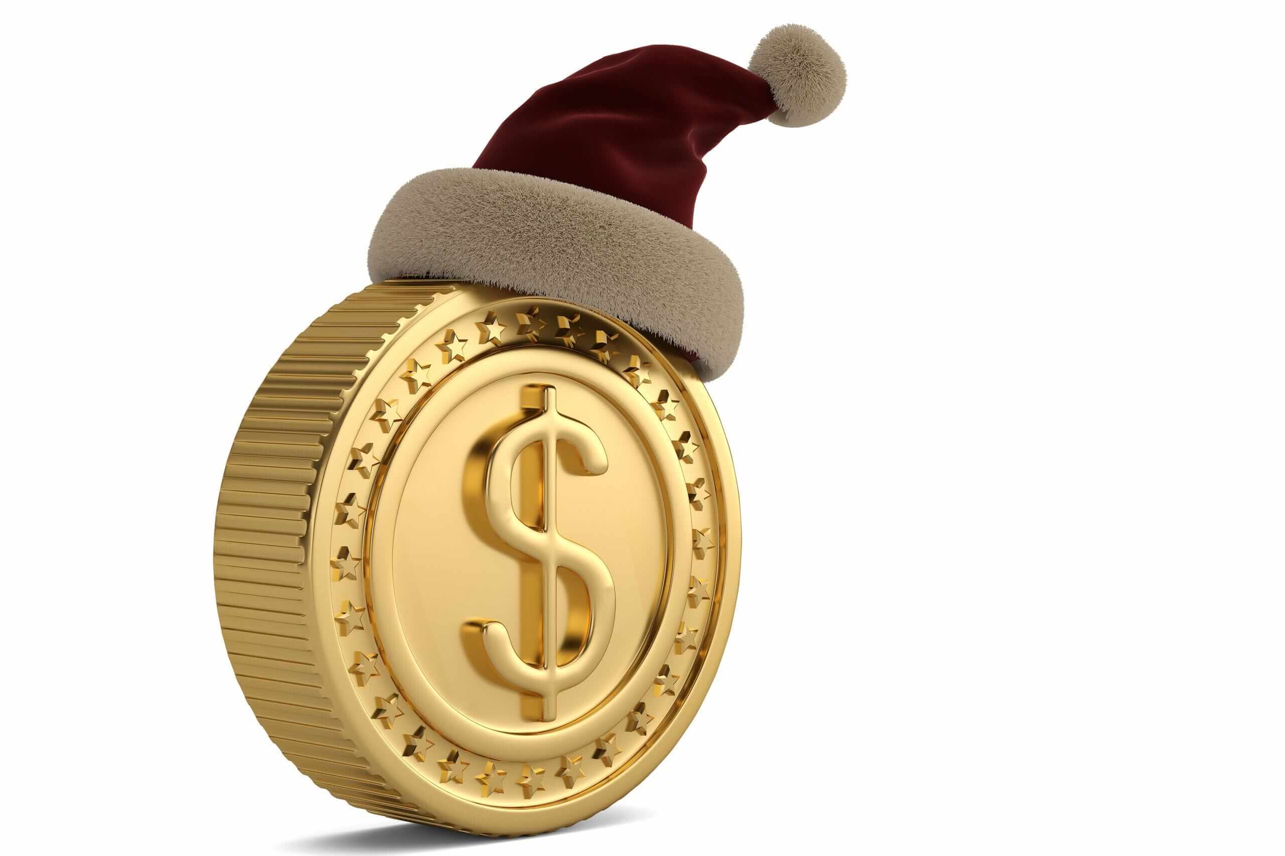 a gold coin with a U.S. dollar sign on it and a red Santa hat on top