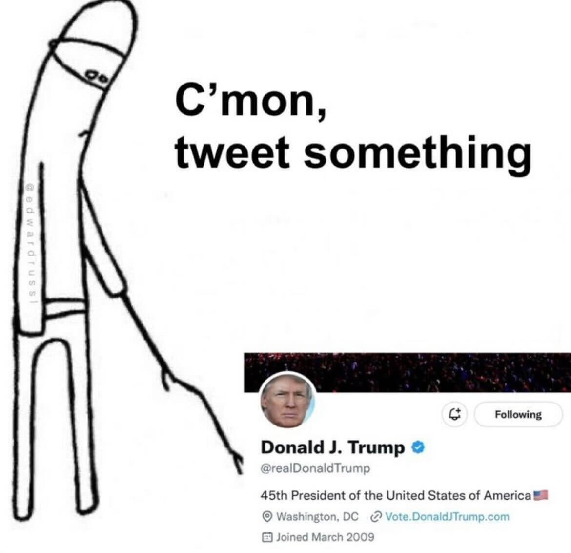 A meme showing an imaginary character poking the Twitter account of Donald Trump with a stick