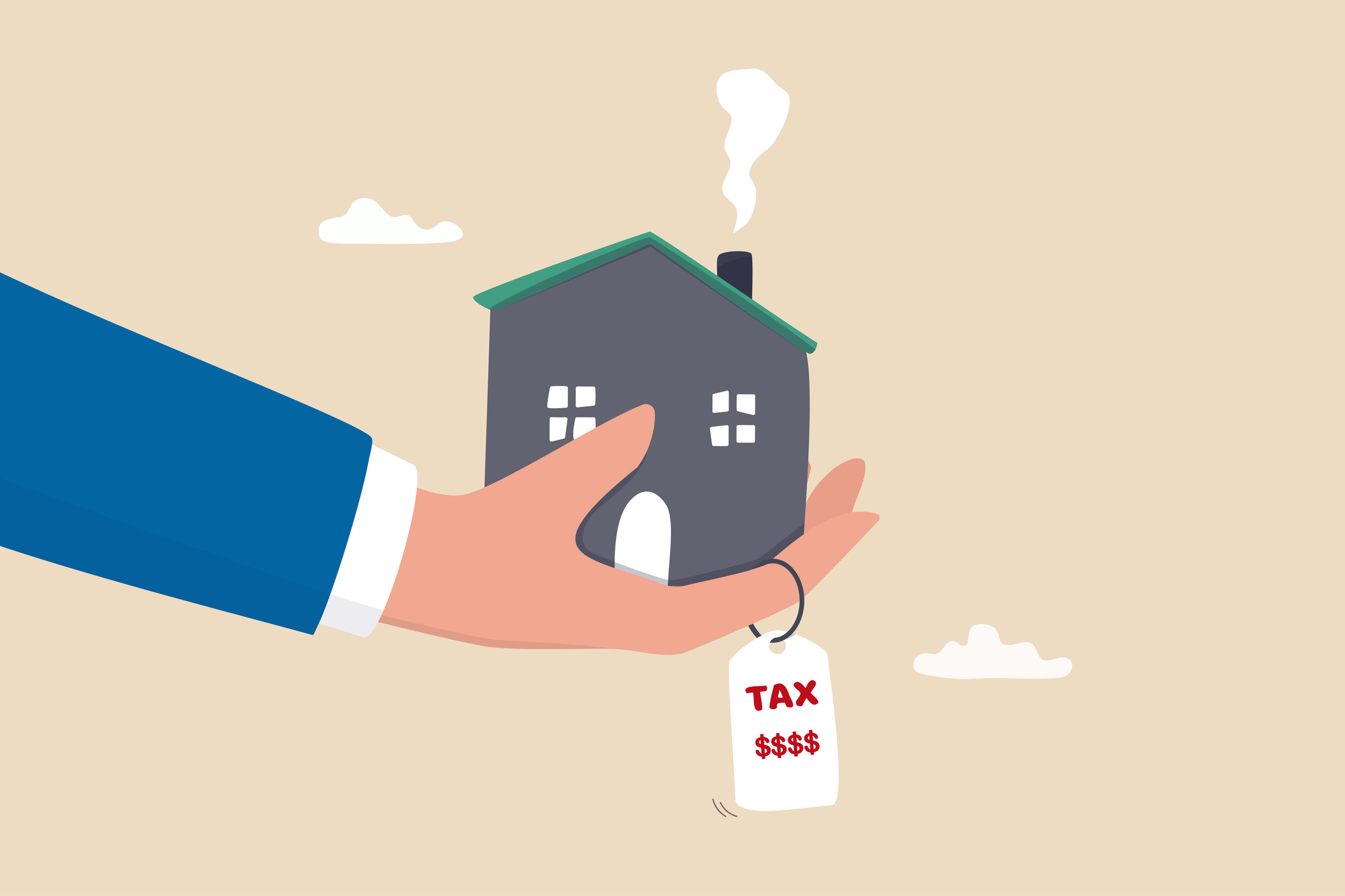 hand carrying a house with a tax price tag attached representing the high taxes on real estate investment