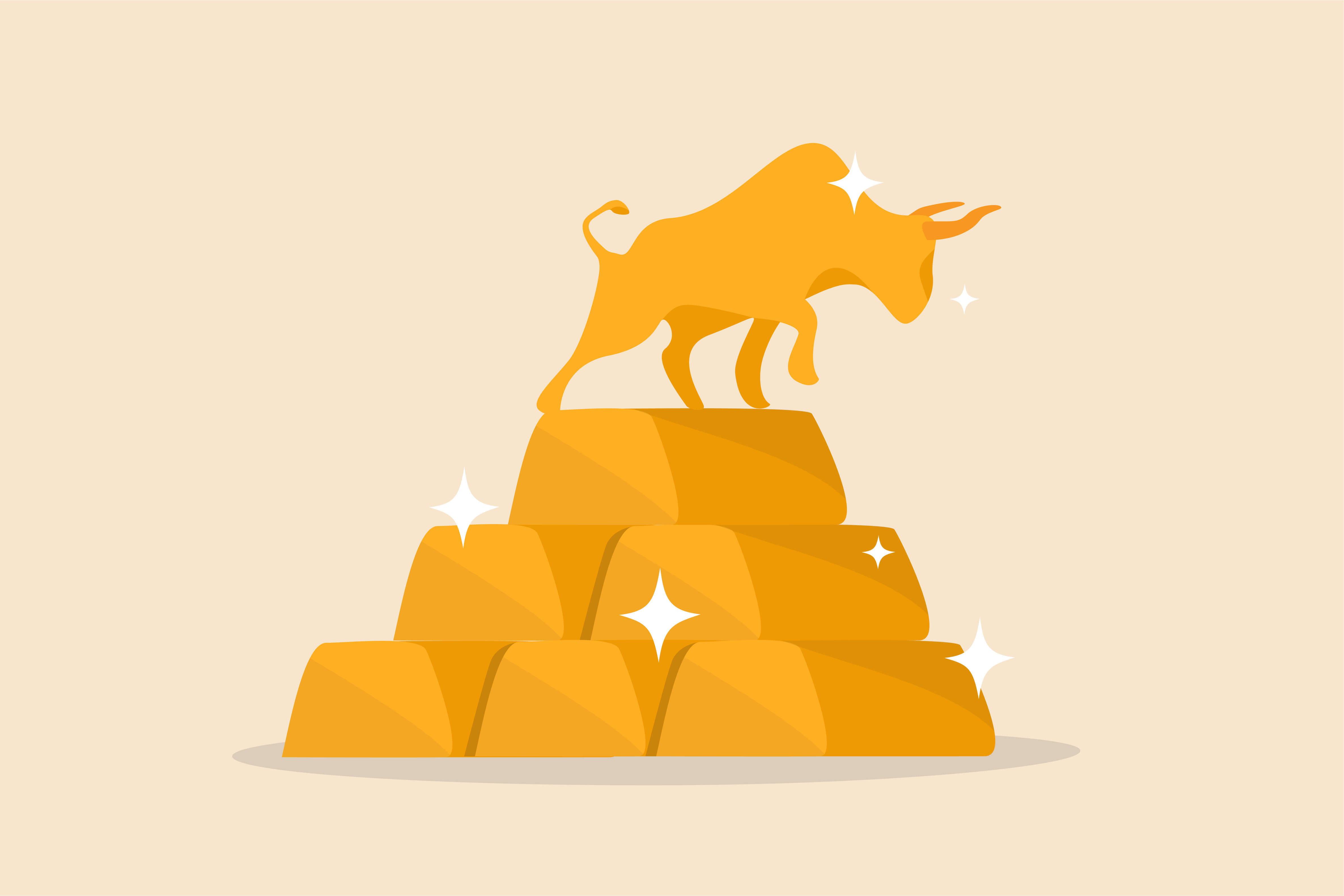 a pile of gold bars and a bull standing on top to represent the bullish sentiment for gold in 2023